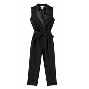 H&M Black Sleeveless Tuxedo Jumpsuit with Satin Lapels and Waist Tie